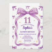 Purple Bow Birthday Invite, Girls 11th Birthday 招待状 (正面/裏面)