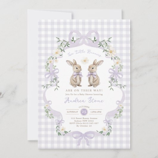Purple Bow Bunny Rabbit Twin Baby Shower 招待状 (正面)