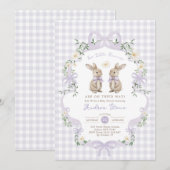 Purple Bow Bunny Rabbit Twin Baby Shower 招待状 (正面/裏面)