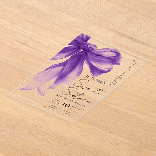 Purple Bow Coquette Script Sweet 16 Party アクリル招待状 (レイダウン)