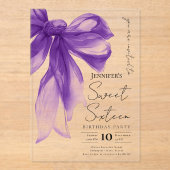 Purple Bow Coquette Script Sweet 16 Party アクリル招待状 (正面)