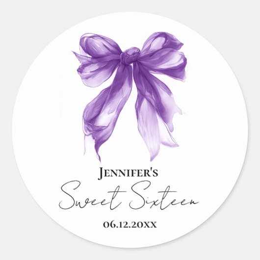 Purple Bow Coquette Script Sweet 16 Party  ラウンドシール (正面)