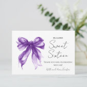Purple Bow Coquette Script Sweet 16 Thank You  サンキューカード (スタンド正面)