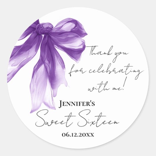 Purple Bow Coquette Script Sweet 16 Thank You  ラウンドシール (正面)