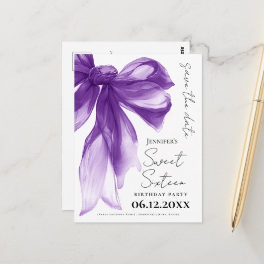 Purple Bow Coquette Sweet 16 Save the Date  ポストカード (正面/裏面インサイチュ)