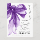 Purple Bow Coquette Sweet 16 Save the Date  ポストカード (正面)