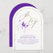 Purple Bow Elegant Modern Baby Shower Boy 招待状 (正面/裏面)