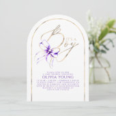 Purple Bow Elegant Modern Baby Shower Boy 招待状 (スタンド正面)