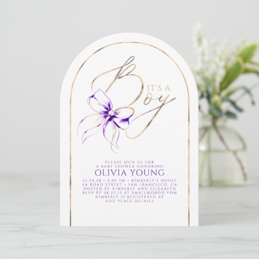 Purple Bow Elegant Modern Baby Shower Boy 招待状 (スタンド正面)