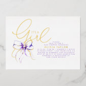 Purple Bow Elegant Modern Girl Baby Shower 箔招待状 (正面)