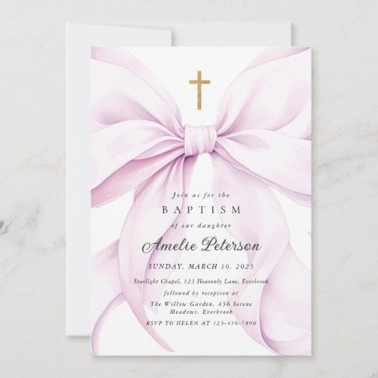 Purple Bow Girl Baptism Invitation 招待状 (正面)