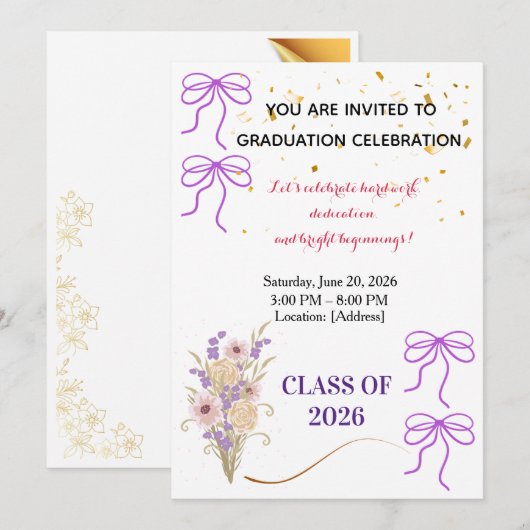 Purple Bow Graduation Party Invitation 招待状 (正面/裏面)