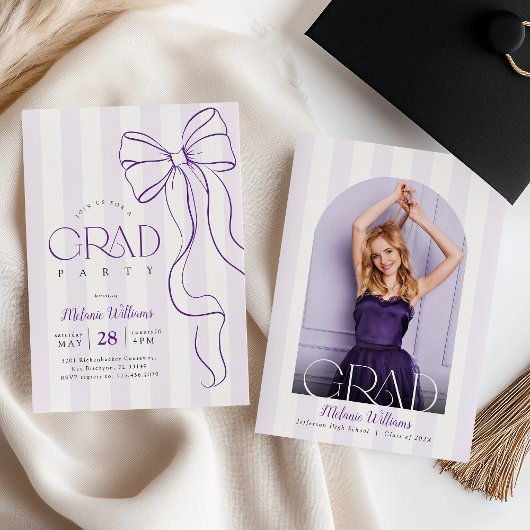 Purple Bow Graduation Photo Invitation 招待状