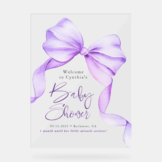 Purple Bow Ribbon Baby Shower Welcome  アクリルサイン (正面)