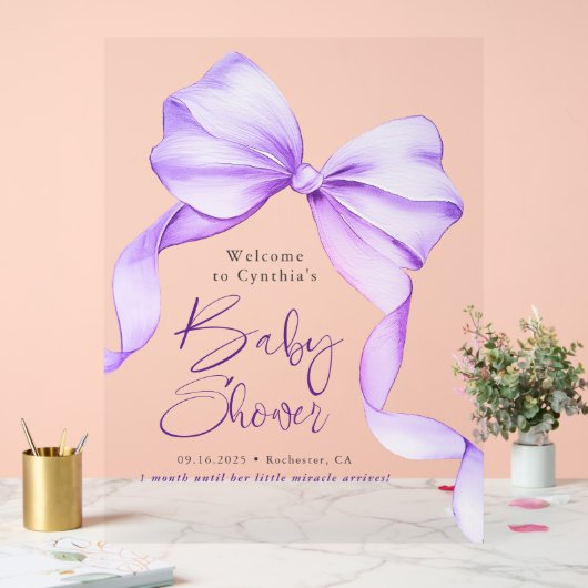 Purple Bow Ribbon Baby Shower Welcome  アクリルサイン (ウェディング)