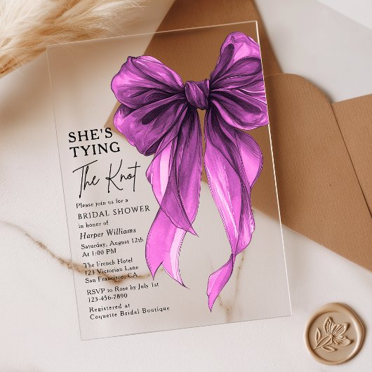 Purple Bow She's Tying The Knot Bridal Shower アクリル招待状