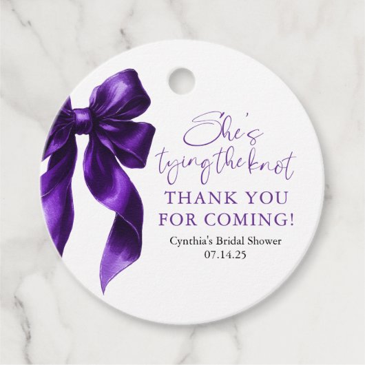Purple Bow She's Tying the Knot Bridal Shower フェイバータグ (正面)