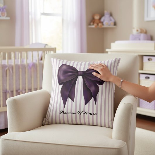 Purple Bow Stripe Personalized Throw Pillow クッション