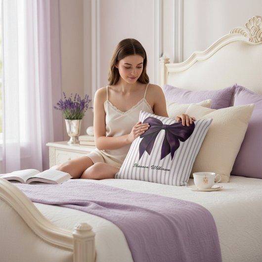 Purple Bow Stripe Personalized Throw Pillow クッション