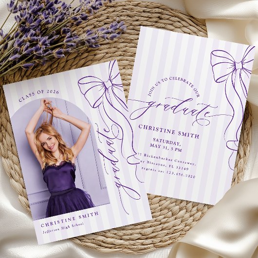 Purple Bow Stripes Graduate Photo Invitation 招待状