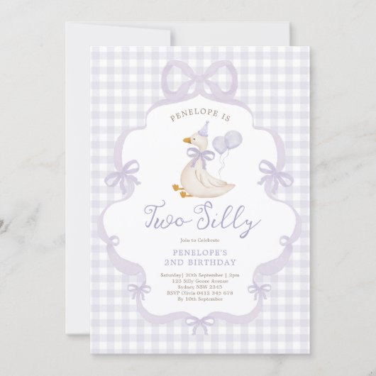 Purple Bow Two Silly Goose 2nd Birthday 招待状 (正面)