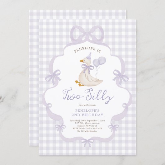 Purple Bow Two Silly Goose 2nd Birthday 招待状 (正面/裏面)