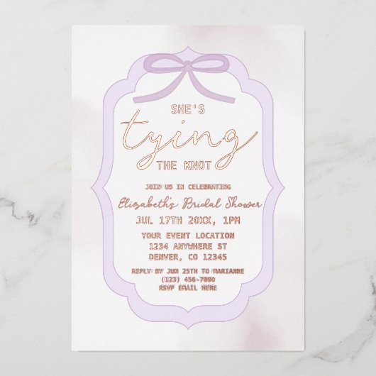 Purple Bow Watercolor Bridal Shower 箔招待状 (正面)
