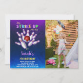 Purple Bowling Birthday Invitations with photo 招待状 (正面)