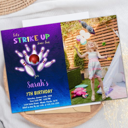 Purple Bowling Birthday Invitations with photo 招待状