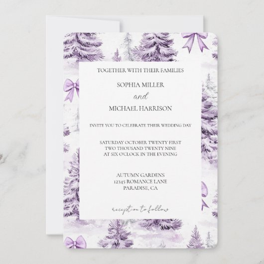 Purple Bows Christmas Trees Wedding 招待状 (正面)