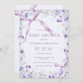 Purple Bows & Flowers Elegant Baby 招待状 (正面/裏面)