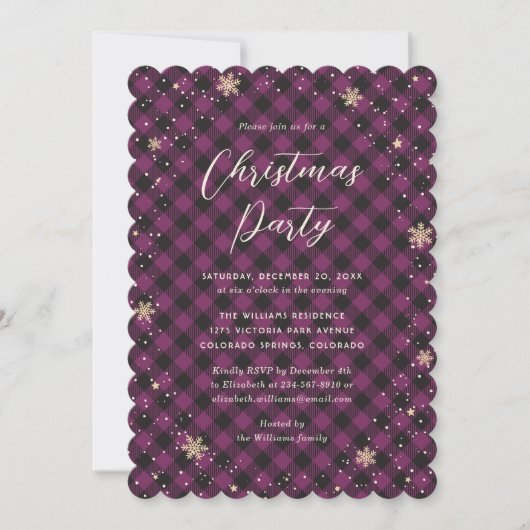 Purple Buffalo Plaid Christmas Party 招待状 (正面)