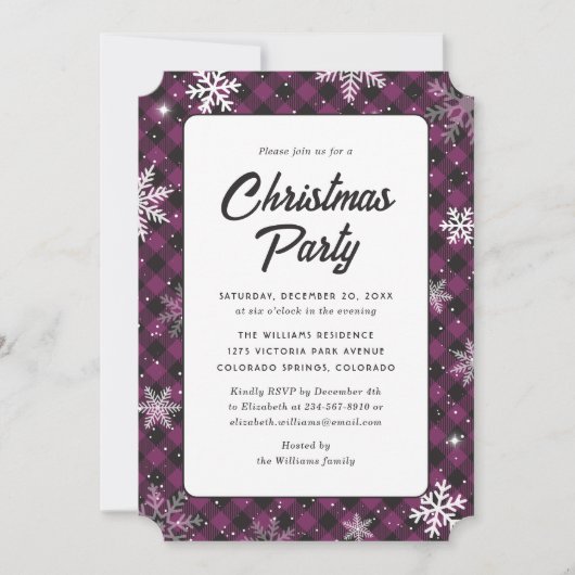Purple Buffalo Plaid Snowflake Christmas Party 招待状 (正面)