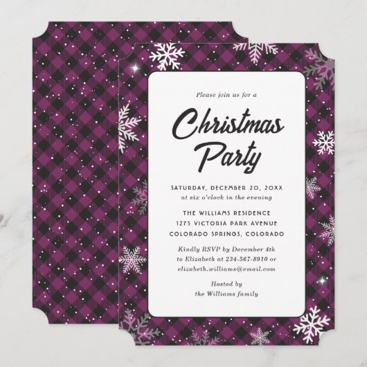 Purple Buffalo Plaid Snowflake Christmas Party 招待状 (正面/裏面)