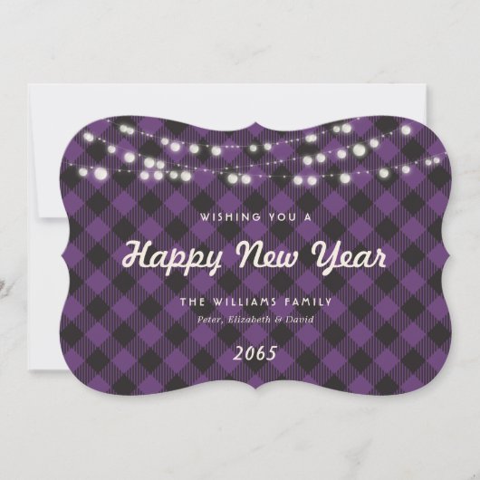Purple Buffalo Plaid String Lights New Year Card シーズンカード (正面)