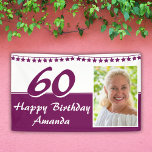 Purple Bunting Star Photo 60th Birthday Party 横断幕<br><div class="desc">紫のグリッターバンティンスター写真60th Birthday Partyバナー。バナーの名前と写真を変更する。</div>
