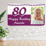 Purple Bunting Star Photo 80th Birthday Party 横断幕<br><div class="desc">紫のグリッターバンティンスターフォト80th Birthday Partyバナー。バナーの名前と写真を変更する。</div>