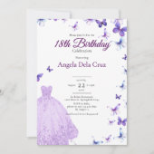 Purple Butterflies And Dress 18th Birthday Debut 招待状 (正面)