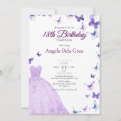 Purple Butterflies And Dress 18th Birthday Debut 招待状 (正面)