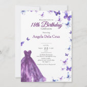 Purple Butterflies And Dress 18th Birthday Debut 招待状 (正面)