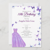 Purple Butterflies And Dress 18th Birthday Debut 招待状 (正面)
