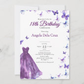Purple Butterflies And Dress 18th Birthday Debut 招待状 (正面)