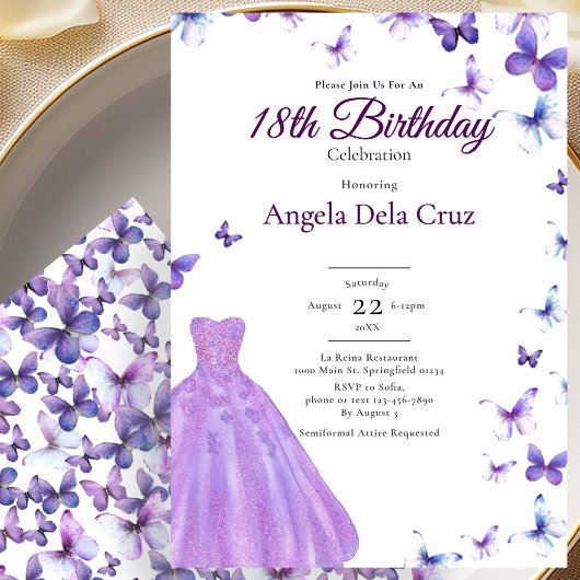 Purple Butterflies And Dress 18th Birthday Debut 招待状
