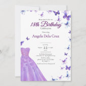 Purple Butterflies And Dress 18th Birthday Debut 招待状 (正面)
