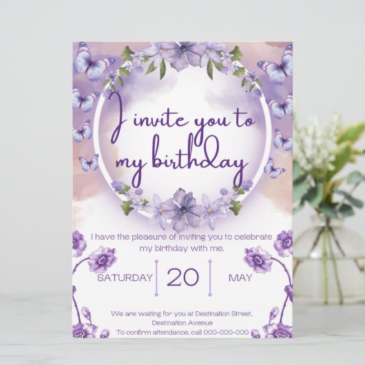Purple butterflies birthday invitation (スタンド正面)