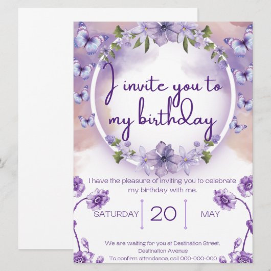 Purple butterflies birthday invitation (正面/裏面)