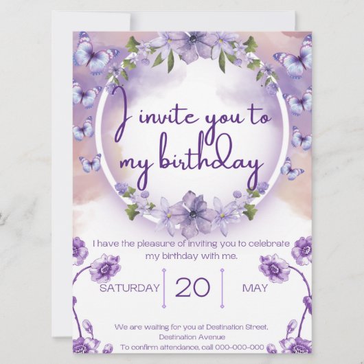 Purple butterflies birthday invitation (正面)