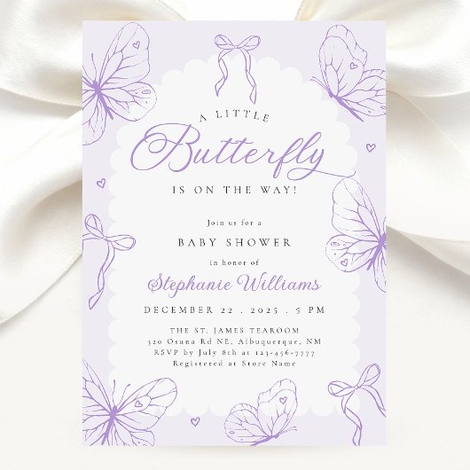 Purple Butterflies & Bows Baby Shower 招待状