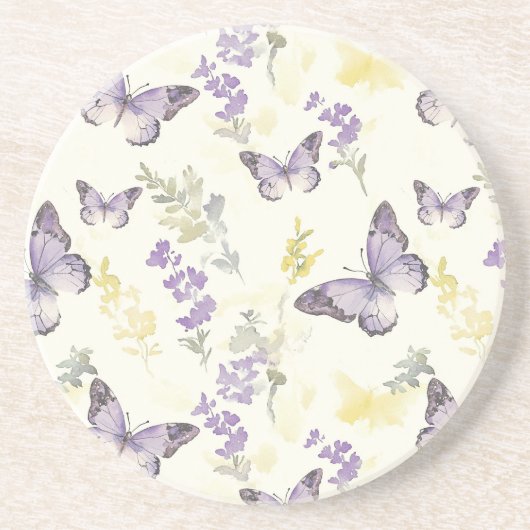 Purple Butterflies Lavender Floral コースター (正面)