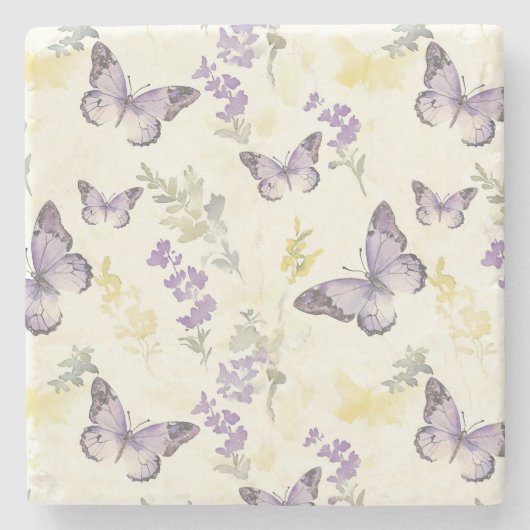Purple Butterflies Lavender Floral ストーンコースター (正面)